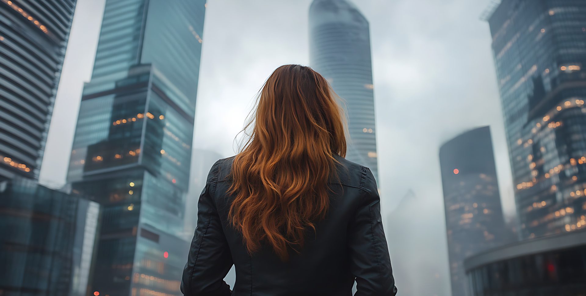 Femme d'affaires vue de dos devant des gratte-ciels