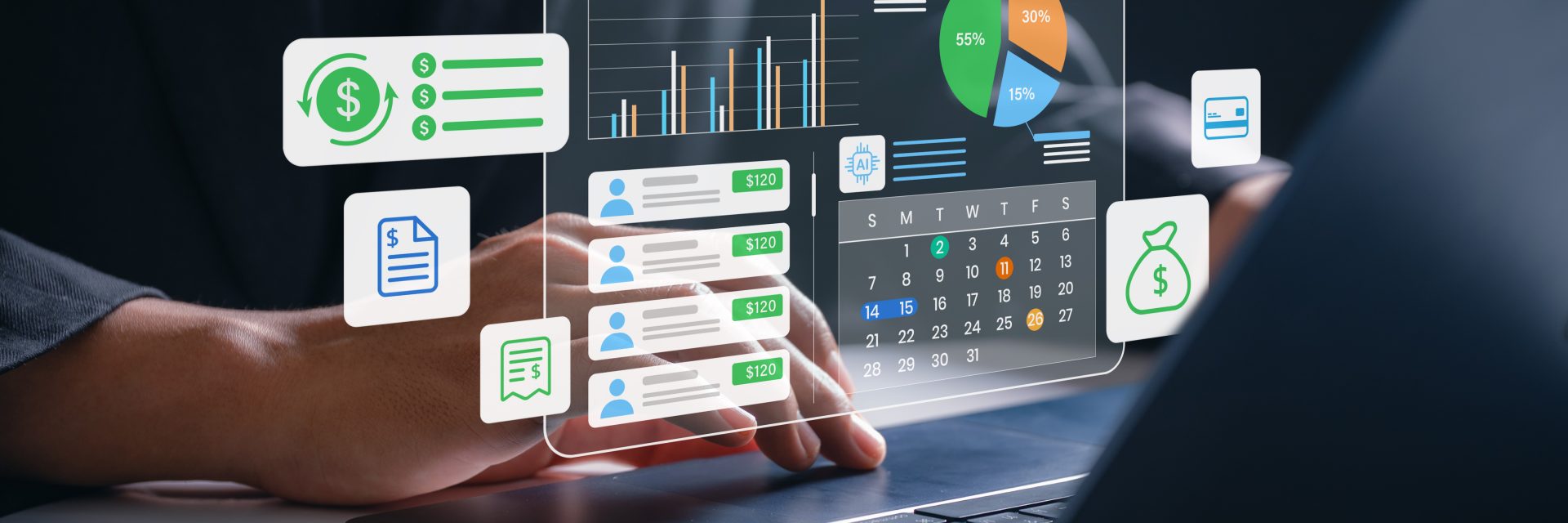 Interface du système de paie IA affichant les données salariales des employés, des graphiques budgétaires et un calendrier mensuel