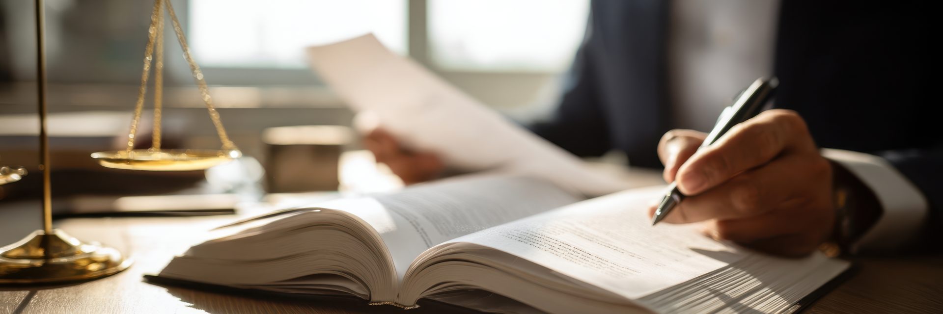 Avocat examinant des documents avec la balance de la justice en arrière-plan.